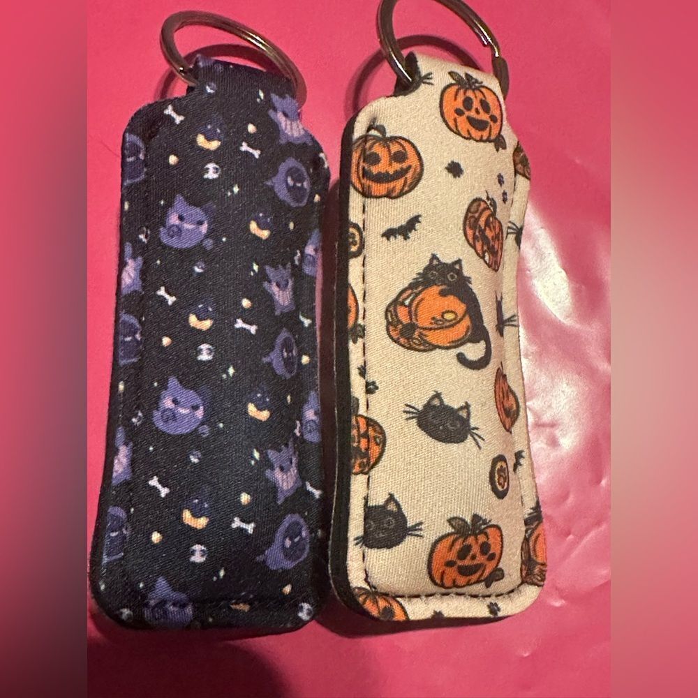 Halloween Lipstick Holder Keychain Burts Bees lip balm pumpkin bat cat - Picture 2 of 2